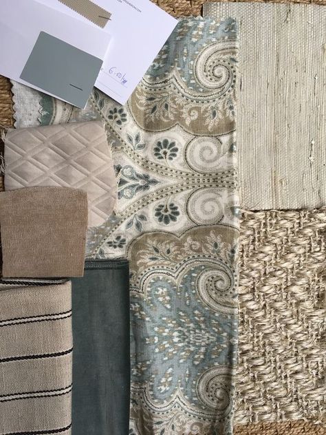 blue, gray, khaki fabric choices with sisal rug. Portfolio Latika in Seafoam. Trendy Apartment, Design Boards, Room Color Schemes, Fabric Combinations, Bedroom Color Schemes, Gray Bedroom, Blue Bedroom, Living Room Colors, Sisal Rug