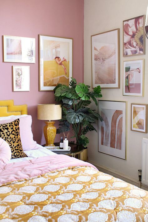 Romantic Bedroom Colors, Pink Bedroom Walls, Boston Apartment, Gallery Wall Bedroom, Bedroom Color Combination, Pink Bedroom Decor, Yellow Room, Bedroom Wall Colors, Pink Bedrooms