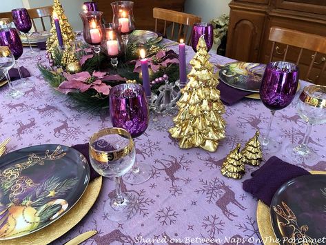 Purple And Gold Christmas Decorations, Table Decorations Purple, Globe Candle Holder, Christmas Banquet, Purple Table, Host Dinner Party, Table For Two, Gold Christmas Decorations, Beautiful Table Settings