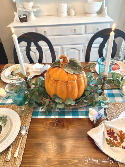 Orange Thanksgiving Table, Buffalo Check Table Runner, Big Family Dinner, Pumpkin Salad, Patina Paint, Wooden Napkin Rings, Thanksgiving Table Decor, Turkey Time, Watercolor Pumpkins