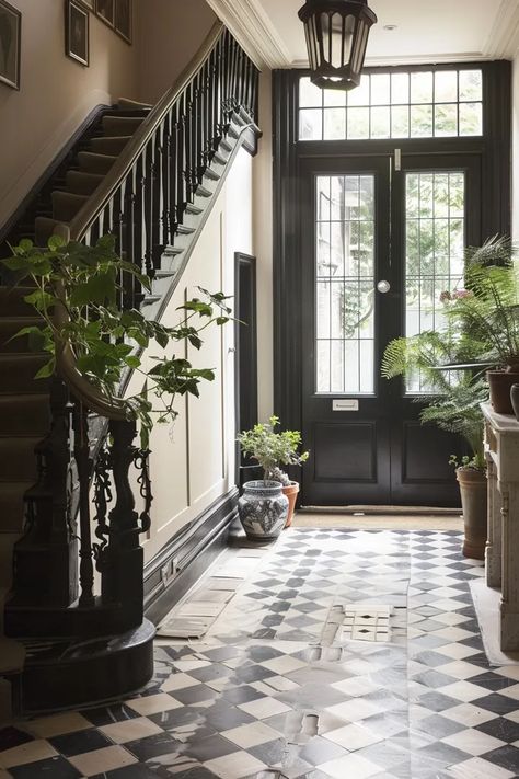 The image shows an elegant hallway with a black and white checkered floor. There is a dark wood staircase with a black railing leading to the second floor ->> more details in ai-img-gen.com Chequerboard Floor Hallway, Black White Entrance Hall, Black And White Checkered Tile Floor, Checkered Floor Dining Room, Dark Wood Floor Hallway, Classic Hallway Design, Hallway Black Banister, Black And White Tile Hallway, Black Ceiling Hallway