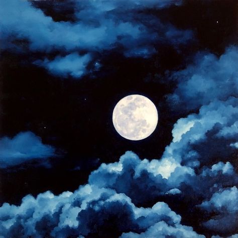 “Indigo Blue Moon” (2018) Comic Art Moon At Night Painting, Cloud And Moon Drawing, Moon On Water Painting, Moonscapes Painting, Moon With Clouds Painting, Moon And Clouds Painting Acrylic, Blue Moon Painting Acrylic, Moon Painting Acrylic Night Skies, Night Sky Moon Painting