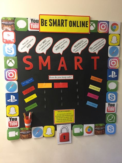 ICT / Internet safety display Internet Safety Poster, Safety Poster Drawing, Ict Display, Computer Lab Bulletin Board Ideas, Lab Komputer, Computer Lab Posters, Computing Display, Poster Drawing Ideas, Computer Lab Decor