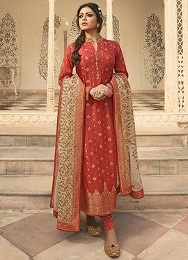 Buy Indian Salwar Kameez Online | Latest Salwar Suit Designs Silk Suit Designs Indian, Banarsi Suit Design, Banarasi Suit Designs, Banarsi Suit, Wedding Salwar Suits, Drashti Dhami, Banarasi Suit, Orange Suit, Party Wear Salwar