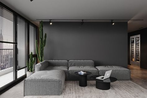 Grey And Black Walls Living Room, Modern Gray House Interior Design, Dark Sofa In Living Room, Industrial Grey Wall, Dark Grey Sofa Living Room Modern, Modern Grey Interior Design, Grey Wall Colors For Living Room, Living Room Wall Color Ideas Modern, Grey Walls Interior