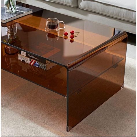 Transparent Amber color. 15 mm thick acrylic. Dimensions : 39'' W - 23.6'' D - 15.7'' H Coffee Table High, Amber Coffee Table, Acrylic Coffee Table Decor, Fun Coffee Tables, 90s Coffee Table, Amber Glass Coffee Table, Glass Couch Table, Brown Glass Coffee Table, Weird Coffee Tables