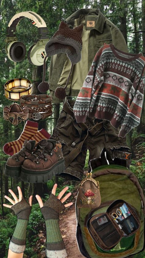 #forestvibes #goblincore #fashionboard #grandpasweater Goblincore Style Guide, Goblincore Masculine, Woodland Clothing Aesthetic, Goblincore Flannel, Overalls Outfit Goblincore, Goblin Aesthetic Outfits, Swampcore Fashion, Soft Goblincore Outfits, Goblincore Halloween Costume