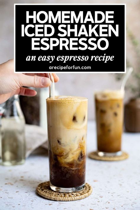 This double shot iced shaken espresso is a homemade version of a coffeehouse favorite! The best part is that it is easily customizable to your preferences, and you can make it in a matter of minutes! It uses homemade simple syrups so there are real ingredients in your finished coffee, making it taste better than ever! Shaken Espresso At Home, Homemade Latte Recipe, Shaken Espresso Recipe, Iced Shaken Espresso, Seasonal Coffee Drinks, Espresso Recipe, Espresso Drink Recipes, Homemade Latte, Espresso Drink