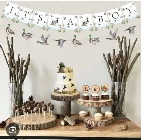 Hunting Baby Shower Cake, Hunting Baby Shower Ideas, Hunter Baby Shower, Hunting Baby Shower Theme, Duck Baby Shower Theme, Rustic Garland, One Lucky Duck, Themed Gender Reveal, Duck Party