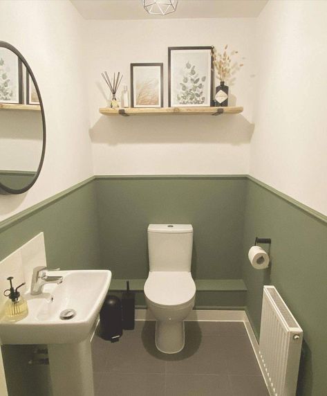 Wc Cloakroom Ideas, Two Tone Toilet Room, Bathroom Decor Panelling, Green And White Toilet Room, En Suite Bathroom Decor, Sage Toilet Room, Two Tone Downstairs Toilet, Sage Green Downstairs Toilet Ideas, Colourful Small Toilet Room