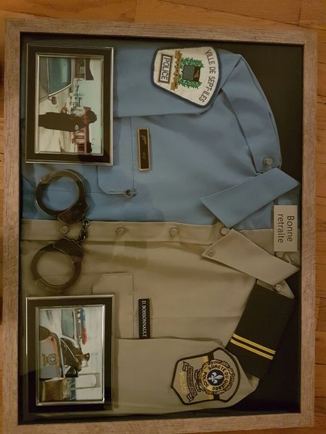 Shadow box police Law Enforcement Office Ideas, Police Uniform Shadow Box Ideas, Shadow Box Police Officer, Law Enforcement Shadow Box Ideas, Police Shadow Box Ideas, Uniform Display Ideas, Uniform Shadow Box Ideas, Police Retirement Party Ideas, Fire Hose Crafts