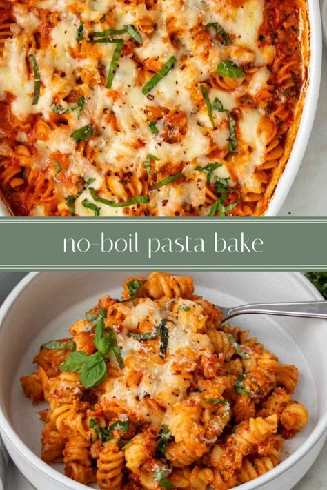 Made in one pan, this no-boil pasta bake is a quick, easy, and healthy vegetarian recipe that is perfect for a busy weeknight. Serve it on its own or with a green salad for a well-balanced meal. Easy No Boil Pasta Bake, No Boil Pasta Bake Recipes, Suvie Recipes, No Boil Pasta Bake, No Boil Pasta, Baked Pasta Recipes Easy, Meatless Dinner Ideas, Kay Nutrition, Healthy Pasta Bake