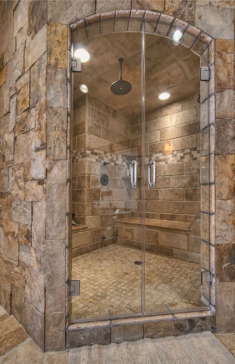 Guest Bedroom Remodel, Dream Shower, Large Bathroom, Rustic Bathroom Designs, Bad Inspiration, Rustic Bathrooms, Stone Walls, Chic Bathrooms, Tile Flooring