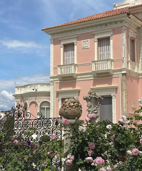 Pink Spanish House, Pink Old Money Aesthetic, Old Money House, Dream House Aesthetic, Cinnamon Girl, Pink House, Dream House Rooms, Miscellaneous Items, Mediterranean Homes