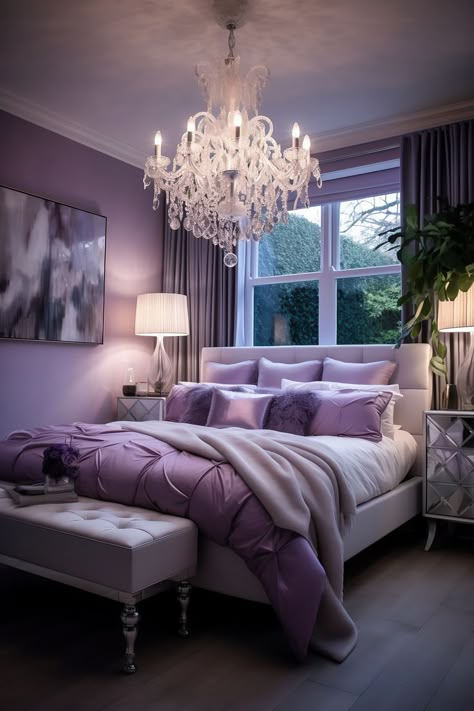 A medium-sized transitional bedroom with a lustrous lavender and white color scheme, featuring timeless furniture, a sleigh bed with a plush blanket, botanical art, and a crystal chandelier, creating a balanced and romantic atmosphere. Mauve Colored Bedroom, Bedroom Mauve Walls, Purple Gold Bedroom Ideas, Master Bedrooms Decor Purple, Purple Bedroom Wall Ideas, Mauve Wallpaper Bedroom, Mauve And White Bedroom, Mauve And Gold Bedroom, Mauve Purple Bedroom