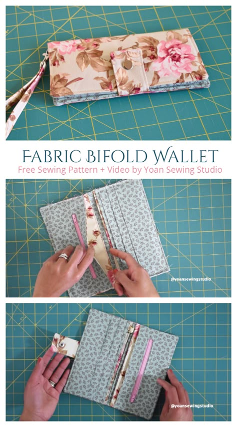 DIY Fabric Bifold Wallet Free Sewing Pattern + Video | Fabric Art DIY Small Fabric Purse Patterns, Free Wallet Sewing Patterns Tutorials, Wallet Ideas Diy, Fabric Bifold Wallet Pattern Free, Diy Sew Wallet, Quilted Wallet Pattern Free, Fabric Wallet Diy, Sewing A Wallet, Wallet Patterns To Sew Free