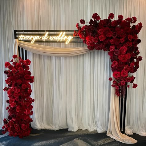 A photo backdrop we created featuring our couples custom neon hashtag #varya_di_wedding ❤️ Styling, flowers, decor and set up by @museweddingsandevents Wedding Photo Booths Ideas, Wedding Decor With Photos, Red Decor Wedding Reception Ideas, Red And Gold Photo Backdrop, Birthday Decor Flowers, Lace Theme Party, Red And Gold Wedding Backdrop, Pinterest Wedding Ideas, Mr And Mrs Backdrop Wedding Ideas