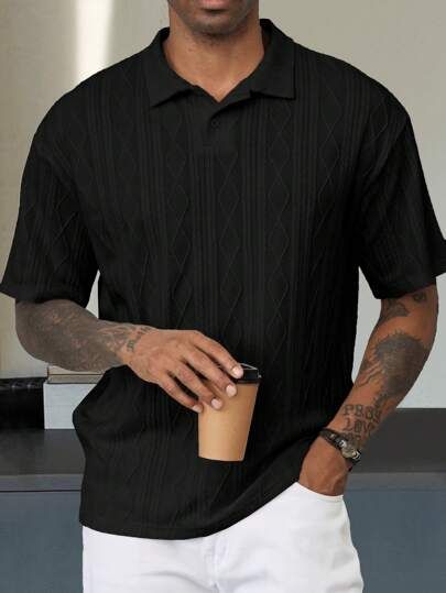 Short Sleeve Collared Shirt Outfit Men, Collared Shirt Outfit Men, Knitted Polo Shirt Men, Collared Shirt Outfits, Polo Shirt Outfit Men, Plain Black T Shirt, Polo Shirt Outfits, Inspo Fits, Cuban Shirts