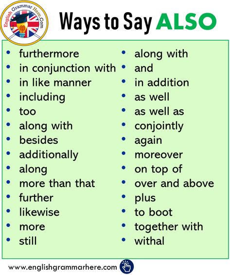 Ways to Say ALSO, Synonym Words With ALSO - English Grammar Here Essay Writing Skills, Descriptive Words, Good Vocabulary Words, Business Writing, Good Vocabulary, English Language Teaching, English Writing Skills, Words To Use, Learn English Vocabulary