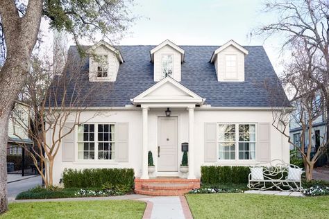 12 Best Exterior Paint Colors For Brick Houses White Brick Colors Exterior, Swiss Coffee Painted Brick Exterior, Monochromatic Home Exterior, Brick House Painted Blue, Classic Exterior Paint Colors, White Brick Paint Colors, Roof Colors For White House, Off White Brick House Exterior, White Painted Brick House Exterior