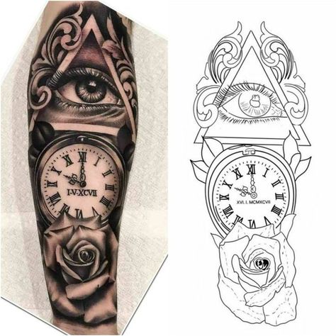 225+ Clock Tattoos Ideas and Designs (2023) - TattoosBoyGirl Geometric Tattoo Stencil, Half Sleeve Tattoo Stencils, Half Sleeve Tattoos Drawings, Realistic Tattoo Sleeve, Band Tattoo Designs, Clock Tattoo Design, Armband Tattoo Design, Muster Tattoos, Stencil Outline