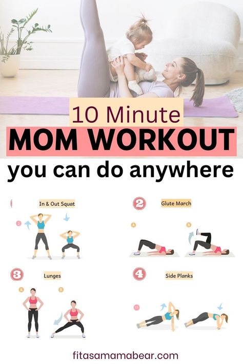 Top image of a mom and baby exercising and the bottom of graphics of exercises with text between the images. Busy Mom Workout Plan, Mom Workout Schedule, Mom Workout Plan, Workout For Moms, Quick Workout At Home, Busy Mom Workout, Mom Workout, At Home Yoga, Post Pregnancy Workout