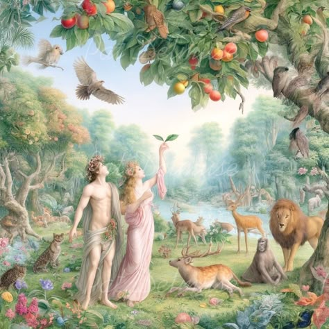 Adam and Eve in the earthly paradise. #comicart #comicpictures #photoartist #lightroom #photoart #digitalphotopainting #comicpictures #funnypictures Adam And Eve In The Garden Of Eden, Adam And Eve Aesthetic, Greek Goddess Painting, Adam Eve Art, Garden Of Eden Aesthetic, Adam And Eve Painting, Eve And The Apple, Eve Garden Of Eden, Eve Artwork