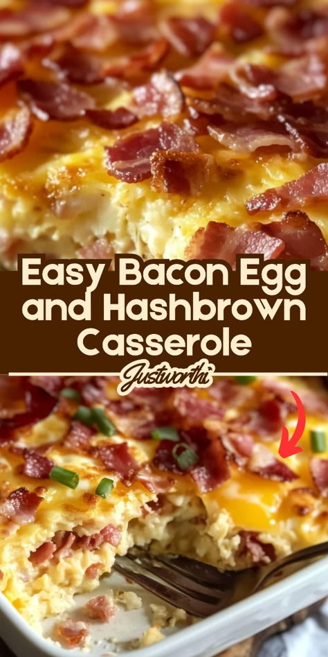 This hearty breakfast casserole combines crispy bacon, fluffy eggs, and golden hashbrowns in one comforting dish that's easy to make and perfect for any occasion. With just a handful of ingredients, this dish is a breakfast favorite that you can prepare ahead of time or whip up for a last-minute brunch. Breakfast Casserole Hashbrowns And Bacon, Breakfast Easy Casserole, Basic Breakfast Casserole, Breakfast Casserole With Shredded Hashbrown, Bacon Egg Hash Brown Breakfast Casserole, Breakfast Casserole Frozen Hashbrowns, Eggbake Bacon Hashbrowns, Breakfast Casserole Bacon Hashbrowns, Egg Casserole Recipes With Hashbrowns Bacon