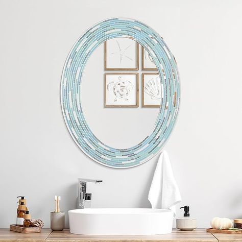 Amazon.com: Head West Aqua Blue Mosaic Frameless Reeded Tiled Printed Sea Glass Oval Vanity Mirror - Decorative Mirror for Wall Decor, Bathroom Mirrors for Over Sink, Bedroom, Entryway, Hallway, Living Room 23x29 : Home & Kitchen Sea Glass Tile, Oval Tile, Wall Vanity Mirror, Seashell Necklaces, Unique Mirror, Wall Vanity, Mirror House, Unique Mirrors, Blue Mosaic