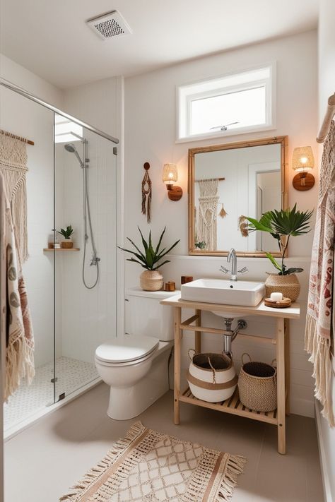 Boho Modern Bathroom Decor, Boho Bathroom Decor Apartment, Boho Chic Spa Decor, Cozy Airbnb Decor, Bathroom Inspo Aesthetic Bohemian, Bathroom Boho Chic, Tulum Bathroom Decor, Cozy Boho Bathroom, Boho Toilet Room