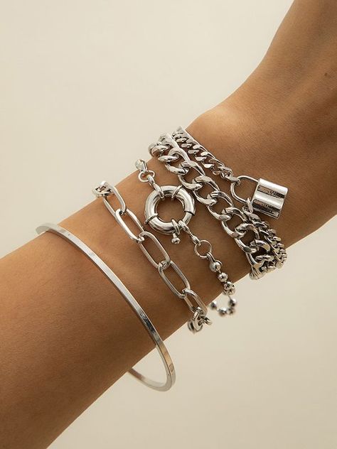 Silver Wrist Watch, Chunky Silver Jewellery, Neutral Jewelry, Hip Hop Chains, Bracelet Set Silver, Celebrity Jewelry, Streetwear Accessories, Buckle Bracelet, Bracelets Set