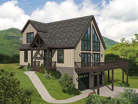 Mountain House Plan With Drive-Under Garage - Family Home Plans Blog House Plans With Garage, Story Mountain, Floorplan House, Farmhouse Craftsman, Entry Storage, Slope House, Frame House Plans, Covered Entry, Colorado House