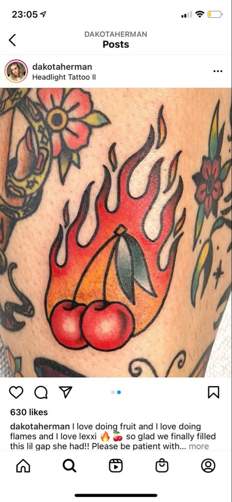 Cherry On Fire Tattoo, American Traditional Flame Tattoo, Trad Flames Tattoo, Flaming Cherry Tattoo, Flames Traditional Tattoo, American Traditional Fire Tattoo, Traditional Match Tattoo, Fire Tattoo Traditional, Cherry Tattoo Traditional