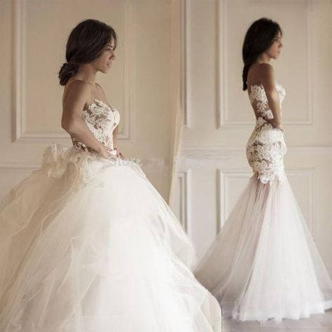 Two Pieces Strapless Gorgeous Lace Wedding Dresses, Mermaid Tulle Bridal Gown, WD0078 Wedding Dresses Mermaid, Detachable Skirt, Tulle Wedding Gown, Dresses Mermaid, Lace Wedding Dresses, Lace Mermaid, Lace Mermaid Wedding Dress, Tulle Wedding, Mermaid Dresses