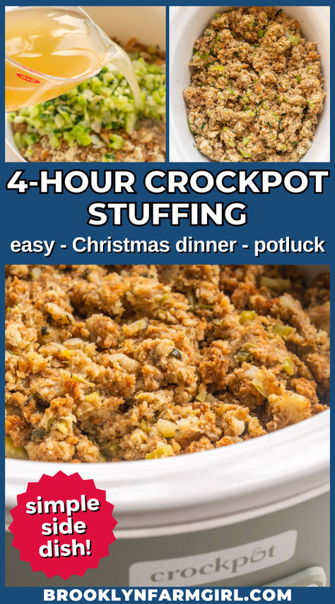 overhead shot of the stuffing in a slow cooker Crockpot Rolls Easy, Crockpot Pepperidge Farm Stuffing, Pepperidge Farm Stuffing Recipes Crock Pot, Easy Crockpot Stuffing Recipes, Pepperidge Farm Stuffing Crockpot, Easy Stuffing Recipe Stovetop, Holiday Potluck Ideas Crock Pots, Stouffer's Stuffing, Office Christmas Potluck Ideas