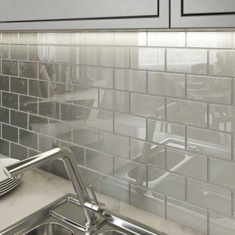 Giorbello Light Gray 3 in. x 6 in. x 8 mm Glass Subway Tile (5.5 sq. ft./case) - G5937 - The Home Depot Glass Subway Tile Backsplash, Glass Tile Backsplash Kitchen, Subway Tile Design, Tile Backsplash Kitchen, Grey Subway Tiles, Shower Backsplash, Glass Tile Backsplash, Kitchen Backsplash Designs, Glass Subway Tile