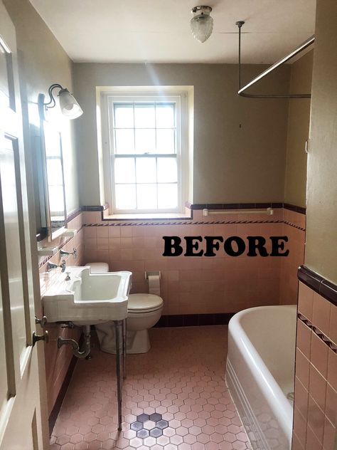 Vintage Pink Bath | Airy Kitchens Old Pink Tile Bathroom Ideas Vintage, Old Pink Bathroom Makeover, 50s Pink Tile Bathroom, Mauve Tile Bathroom Ideas, Peach Tile Bathroom Color Schemes, Vintage Pink Bathroom Update, Pink And Blue Vintage Bathroom, Pink And Maroon Bathroom, Pink Bathtub Aesthetic