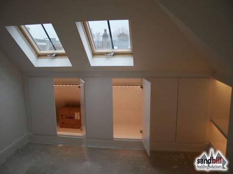 Loft conversion bedroom with ensuite, Putney, London SW15                                                                                                                                                                                 More Attic Conversion Ideas, Loft Conversion Bedroom, Dormer Loft Conversion, Loft Conversion Ideas, Attic Bedroom Storage, Eaves Storage, Loft Extension, Attic Closet, Attic Bedroom Designs