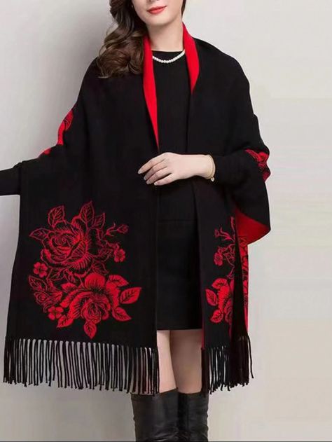 Ladies' Black & Red Reversible Poncho With Sleeve & Tassel, Autumn & Winter, Printed Floral Design, Perfect For Beautiful Travels And Elegant Parties | SHEIN USA Mexican Traditional Clothing, Black Bridal Dresses, Winter Cloak, Poncho With Sleeves, Knitting Poncho, Flower Coat, Women Knitting, Poncho Cardigan, Black Bridal