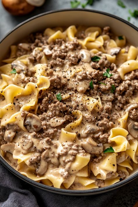 Ground Beef Stroganoff - Let me tell you a story about a dish that’s cozy, creamy, and has a way of warming you from the inside out: my Ground Beef Stroganoff. This recipe has become one of my go-tos, especially on those crisp nights when I crave something comforting yet simple to whip up. There’s Ground Pork Stroganoff Recipes, Pork Stroganoff, Recipe For Steak, Best Beef Stroganoff, Beef Pasta Recipes, Meat Pizza, Beef Stroganoff Easy, Comfort Meals, Dinner Casserole Recipes