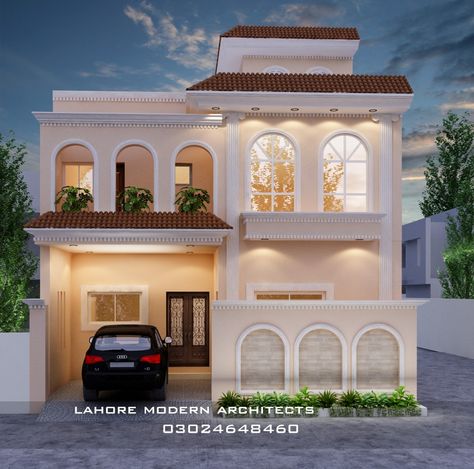 Front elevation Exterior House Design 3 Storey, Traditional Front Elevation Designs, Spanish Home Front Elevation, Small Spanish House Exterior, Spanish Elevation Design, Spanish Front Elevation, Behance Villa, Spanish House Exterior, Elevation Interior Design