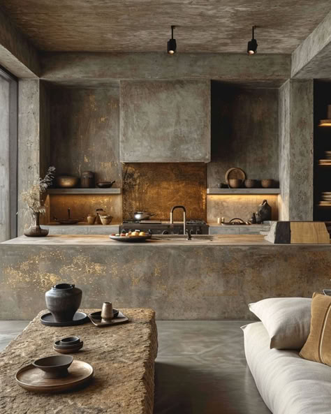 Hello, dear readers! Today, we're diving into the beautifully imperfect world of Wabi-Sabi interior design. You might have heard the term floating around the design world or seen it applied in cozy, serene spaces that feel like a warm hug. Brutalist Interior, Wabi Sabi Interior Design, Earthy Kitchen, Wabi Sabi Interior, Concrete Walls, Brutalist Design, Style Deco, Industrial Kitchen, Dream House Decor