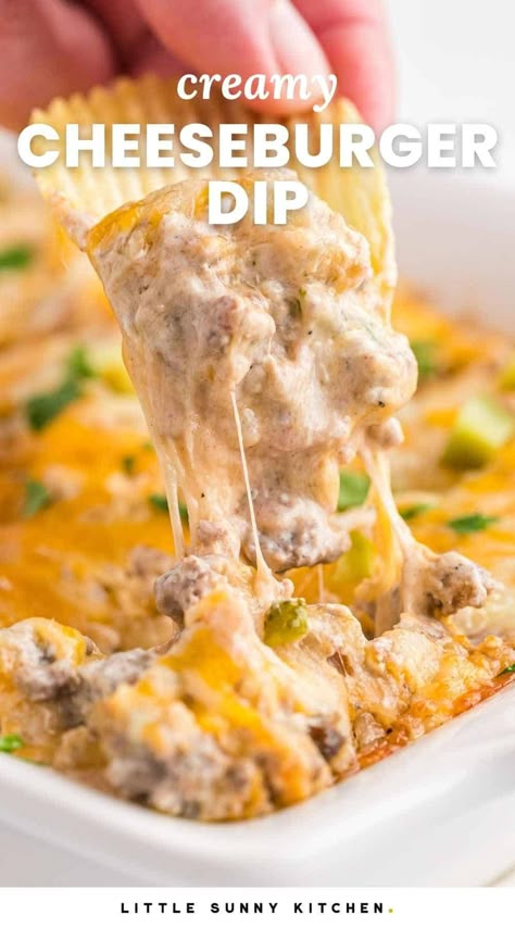 Cheeseburger Dip is the best appetizer to bring to a party or serve for game day! It’s an irresistible blend of ground beef, bacon, and cheeses that everyone loves. Hot Hamburger, Hamburger Dip, Ground Beef Cream Cheese, Bacon Cheeseburger Dip, Raise Hand, Cheeseburger Dip, Dip Recipes Hot, Little Sunny Kitchen, Beef Dip