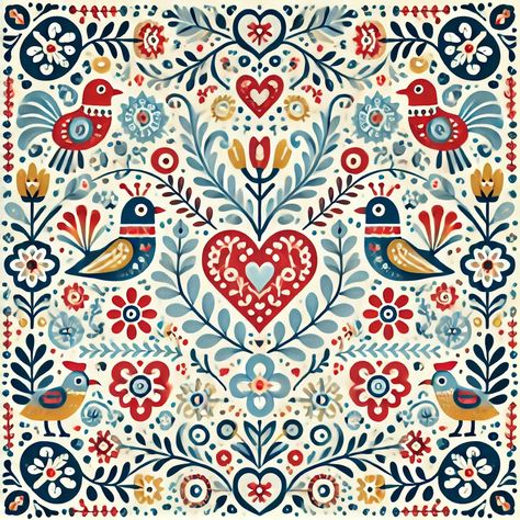 Brighten your space with this charming Scandinavian folk art digital download. Featuring vibrant birds, intricate florals, and traditional heart motifs, this artwork captures the essence of vintage Scandinavian design with a modern twist. Perfect for adding a touch of whimsy and color to any room, this piece is ideal for kitchens, nurseries, or living rooms. This high-resolution digital download is available in multiple sizes, making it easy to print and frame to fit your space. Whether you're decorating a cozy home or gifting a loved one, this folk art print will bring warmth and happiness wherever it's displayed. How To Draw Scandinavian Folk Art, Scandinavian Motifs Folk Art, Simple Folk Art Designs, Traditional Scandinavian Folk Art, German Art Traditional, Traditional Folk Design, Folk Painting Ideas, Scandinavian Folk Flowers, Folk Illustration Scandinavian