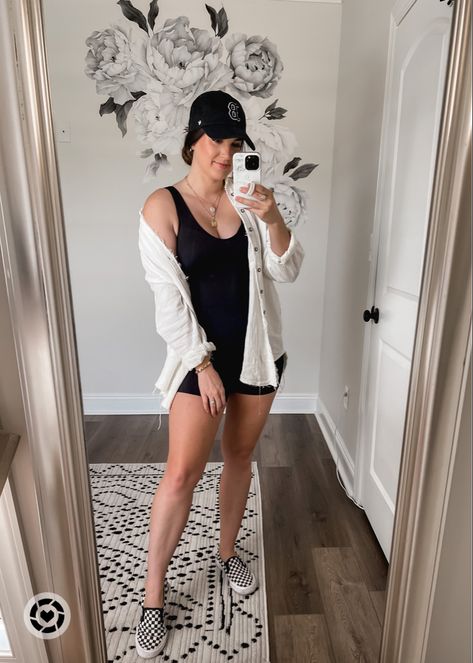 Tna Romper Outfit, Aritzia Bodysuit Romper Outfit, Black Tank Romper Outfit, Bike Shorts Romper Outfit, Shorts One Piece Jumpsuit, How To Style A Unitard Romper, Shorts Bodysuit Romper Outfit, Spandex Onesie Outfit, Onesie Shorts Outfit