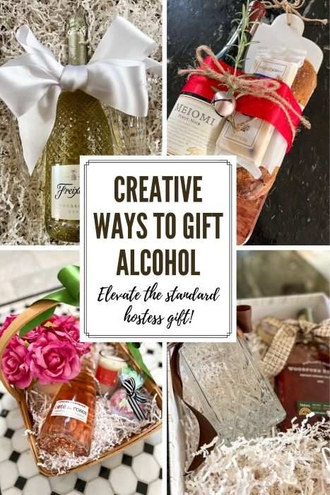 Wine And Gift Card Basket, Small Alcohol Bottles Gifts Cute Ideas, Holiday Drink Gift Basket, Alcoholic Drink Gift Baskets, Wine As A Gift Ideas, Christmas Gift Alcohol, Christmas Liqour Ideas Gift, Wrapping A Liquor Bottle Gift Ideas, Booze Gifts Christmas