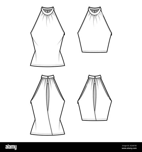 Download this stock vector: Set of Tops banded high neck halter tank technical fashion illustration with wrap, slim fit, crop, tunic length. Flat apparel outwear template front, back, white color. Women men CAD mockup - 2E2AEYM from Alamy's library of millions of high resolution stock photos, illustrations and vectors. Halter Neck Top Pattern, Tank Top Sewing Pattern, Crop Top Men, Neck Drawing, High Neck Halter Top, Wrap Tank Top, Dress Illustration, High Neck Halter, Flat Sketches