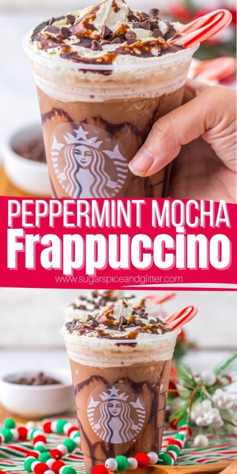 Copycat Starbucks Peppermint Mocha Frappuccino is perfect for entertaining during the holidays or a sweet treat to brighten up those dark winter mornings (or nights). It's a sweet minty, chocolatey frozen drink that can be customized to your personal preferences. Starbucks Iced Peppermint Mocha, Peppermint Frappuccino Recipe, Copycat Starbucks Peppermint Mocha, Frappuccino Base Recipe, Starbucks Peppermint Mocha Frappuccino, Peppermint Mocha Frappuccino Recipe, Starbucks Mocha Recipe, Starbucks Peppermint Drinks, Starbucks Peppermint Mocha Recipe