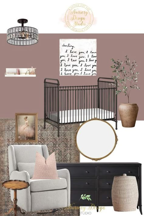 MADDIE'S NURSERY Dusty Pink Nursery Ideas, Baby Girl Nursery Mauve, Black Crib Nursery, Dusty Rose Nursery, Mauve Nursery, Nursery Dark Furniture, Shared Nursery Ideas, Boho Floral Nursery, Dark Nursery