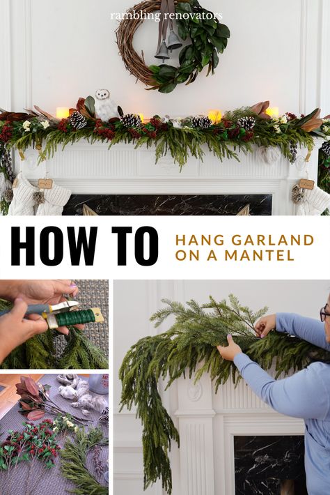 how to hang garland on mantle, how to hang garland on mantel, hang christmas garland, garland on fireplace mantel Hang Garland On Mantle, Garland On Fireplace, Garland On Mantle, Front Porch Decor Christmas, How To Hang Garland On Mantel, Christmas Garland Decor, Mantle Diy, Christmas Fireplace Garland, Christmas Mantel Garland